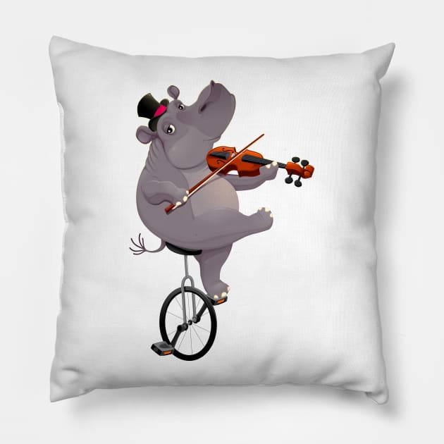 Funny hippo on an unicycle Pillow by ddraw