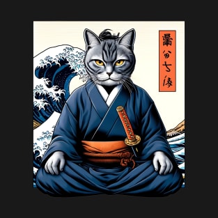 Vaporwave Samurai Cat Great Wave Off Kanagawa T-Shirt