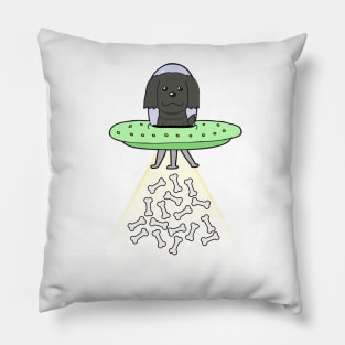 Funny black dog is flying a ufo Pillow