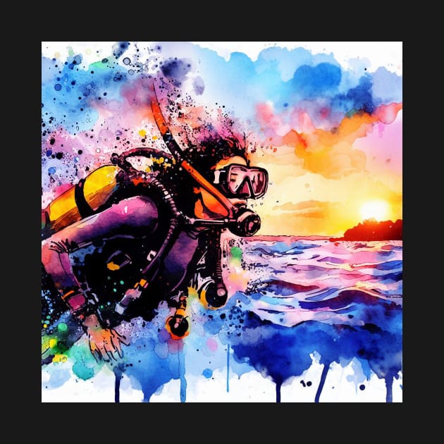 Artistic illustration of a beach scene of girl scuba diving by WelshDesigns