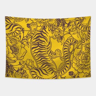 Chinese Tiger Vintage Pattern Mustard Yellow - Retro Hong Kong Print Tapestry