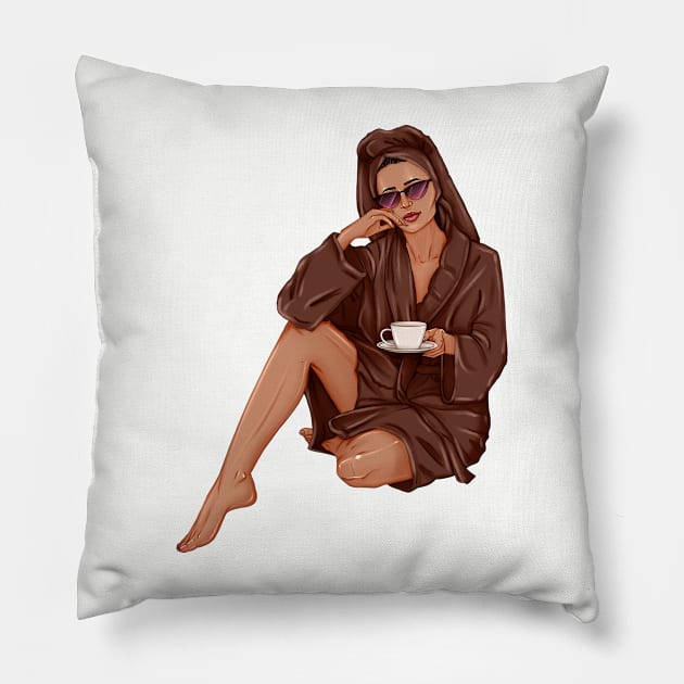 Girl in brown spa robe fashion art Pillow by ArctiumStudio