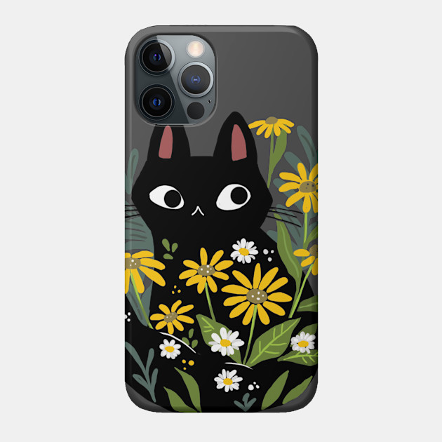 Black Cat In The Flowers - Black Cat - Phone Case