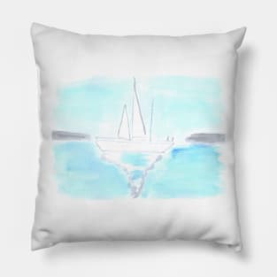 Yacht, sea, ocean, sports, nature, landscape, seascape, summer, vacation, watercolor, watercolour, hand drawn, drawing, illustration, Pillow