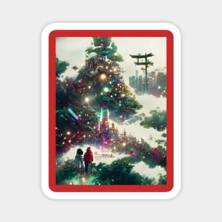 Magical Green Christmas Trees in the Woods Japanese Christmas Season Warm Wishes Magnet