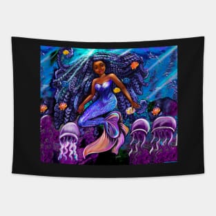 mermaid underwater with flowing shimmering blue black braids 2 fish and jelly fish  , brown eyes curly Afro hair and caramel brown skin Tapestry