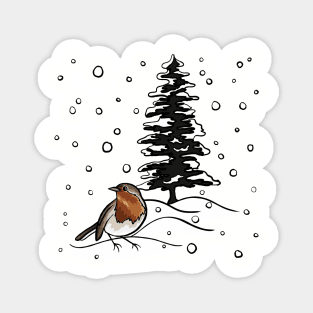 Robin and Snow Covered Trees Digital Illustration Magnet