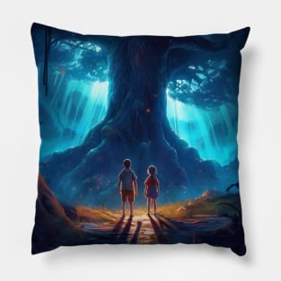 boy and girl standing under a beautiful fairy tale tree Pillow