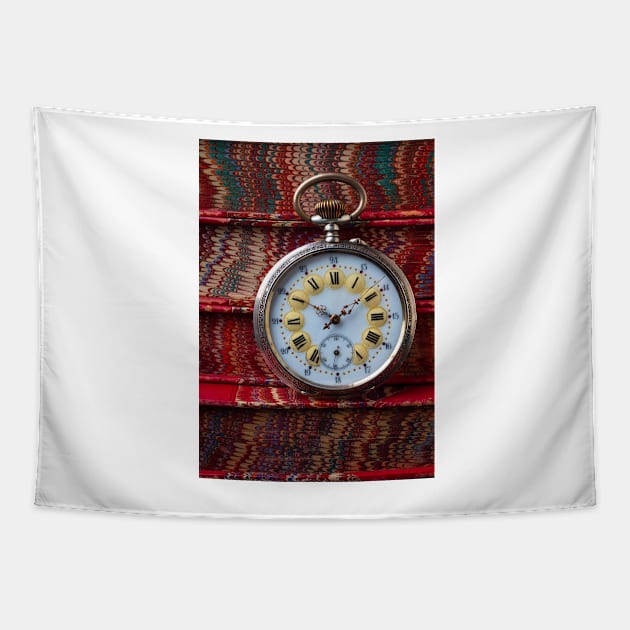 Beautiful Pocket Watch On Old Italian Books Tapestry by photogarry