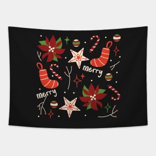 Retro Merry Christmas Vintage Aesthetic Pattern With Candy Canes, Poinsettia Flowers, Cookies, Decorations And Stars Tapestry