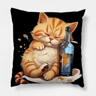 Drunk Cat Snoozing: Cartoon Cute Orange & Blue Drawing Pillow