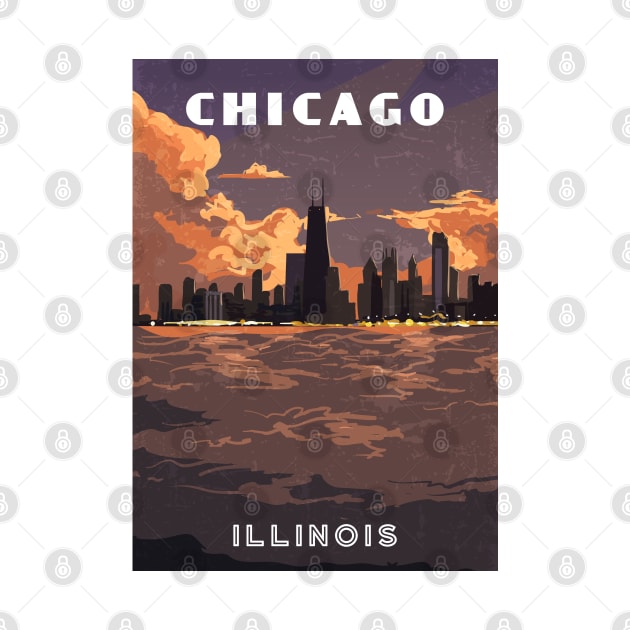 Chicago, Illinois, USA. Sunset.Retro travel poster by GreekTavern