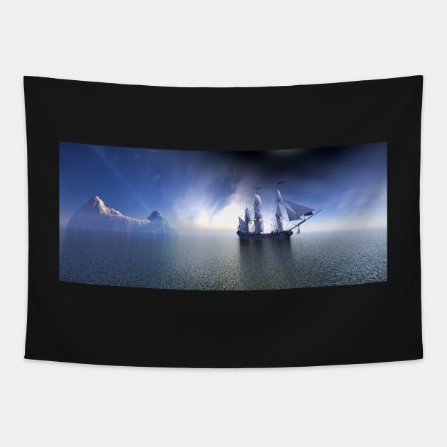 Pirate Ship In blue sky and beautiful calm sea. Tapestry by Carlosr1946