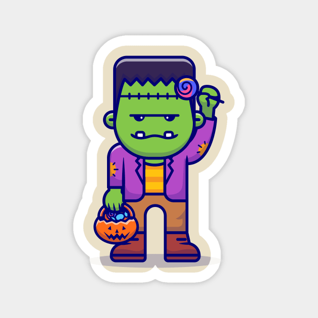 Cute Frankenstein With Candy Lollipop Cartoon Magnet by Catalyst Labs