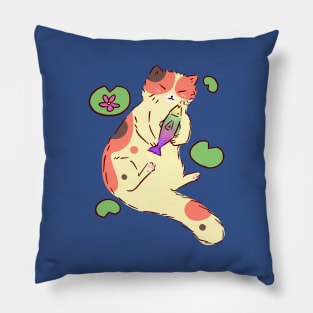 Calico Cat Hugging a Fish Pillow