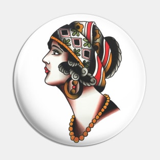 Classic Lady Face Tattoo Design Pin