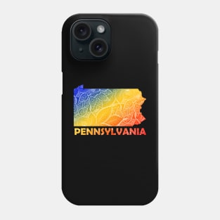 Colorful mandala art map of Pennsylvania with text in blue, yellow, and red Phone Case