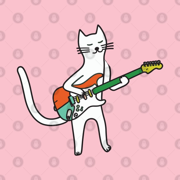 Rockin' Kitty: Minimalist Line Art Cat with Electric Guitar by Kishu