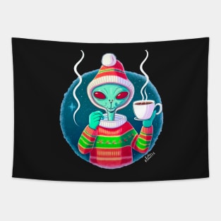Christmas Funny Alien Drinking Coffee Wearing Sweater Tapestry