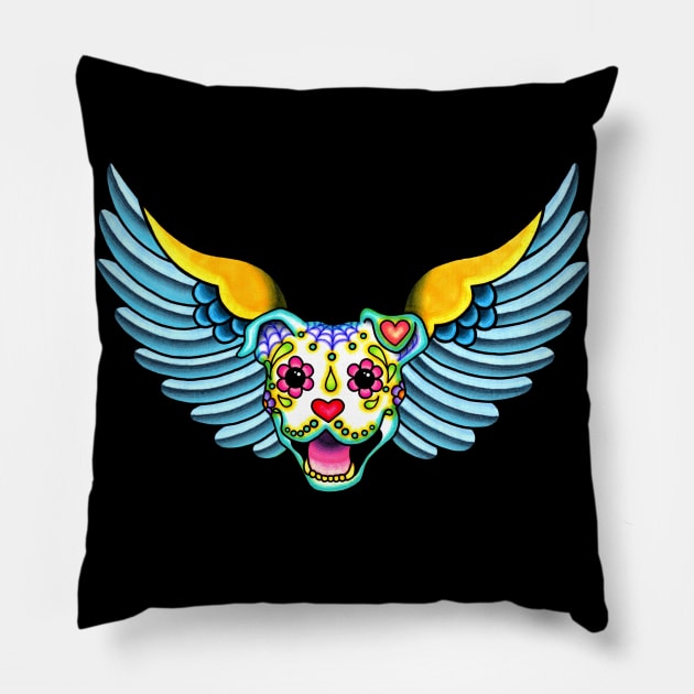 All Pit Bulls go to Heaven - Day of the Dead Winged Pitbull - Sugar Skull Angel Pillow by prettyinink