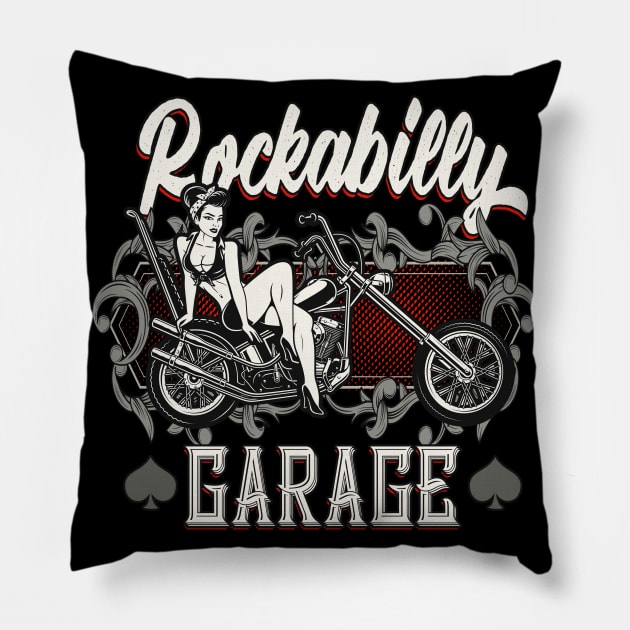 Rockabilly Garage Biker Pin-Up Girl Pillow by Foxxy Merch