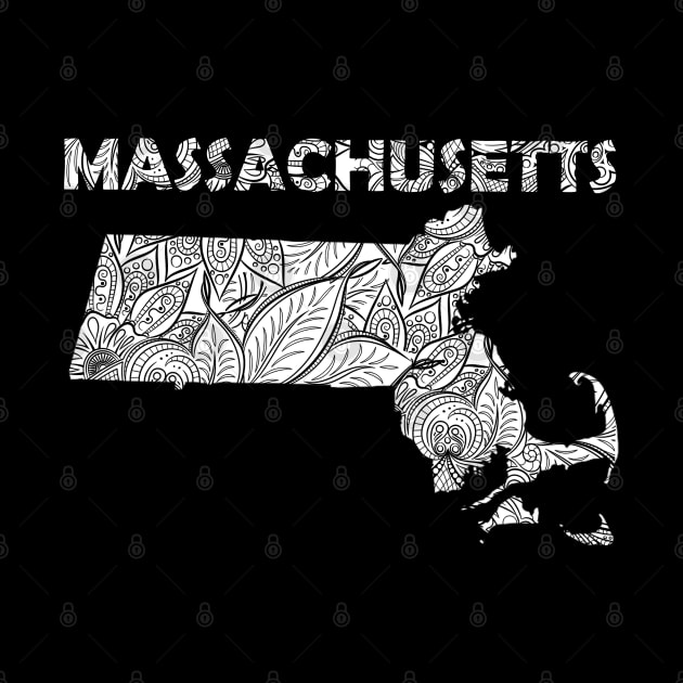 Mandala art map of Massachusetts with text in white by Happy Citizen