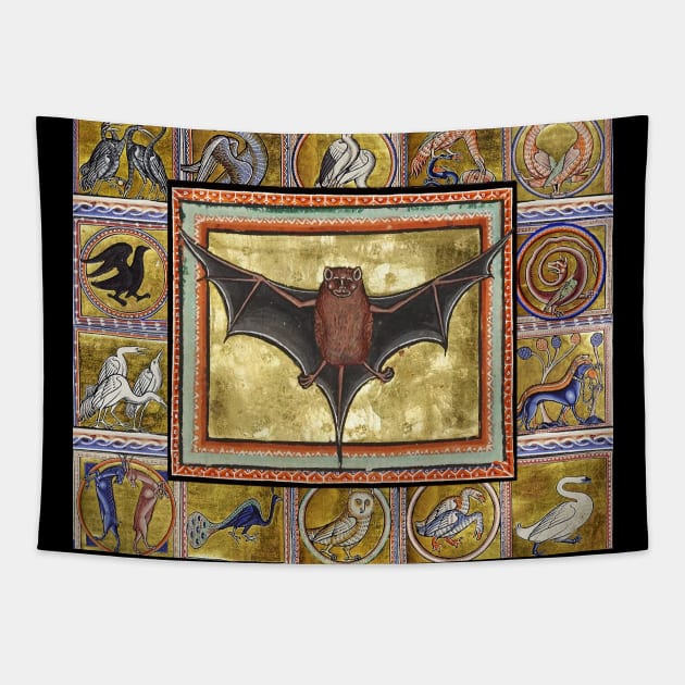 MEDIEVAL BESTIARY,BAT, FANTASTIC ANIMALS IN GOLD RED BLUE COLORS Tapestry by BulganLumini