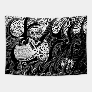 Boat In The Night / Psychedelic Abstract Stormy Sea (White) Tapestry