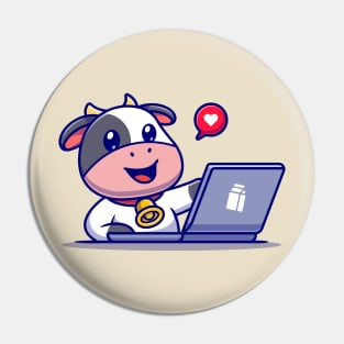 Cute Cow Working On Laptop Cartoon Pin