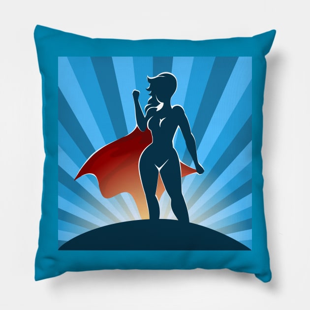 Female Superhero Standing on Blue Burst background Pillow by devaleta