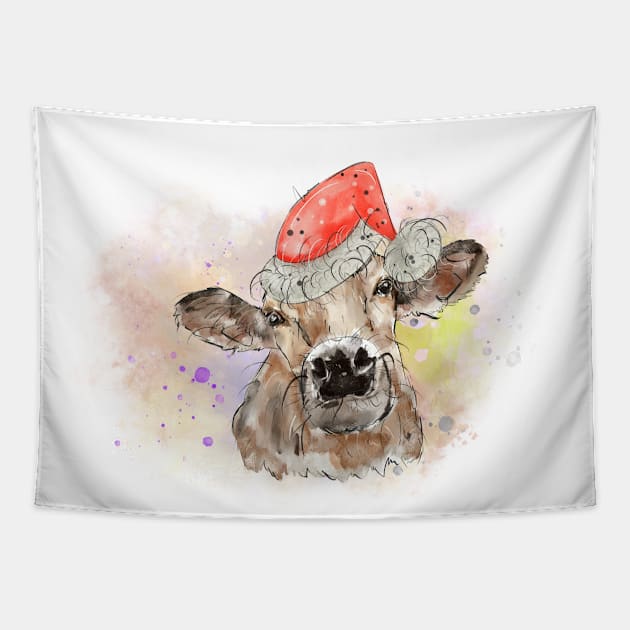 Christmas Cow santa Tapestry by HJstudioDesigns