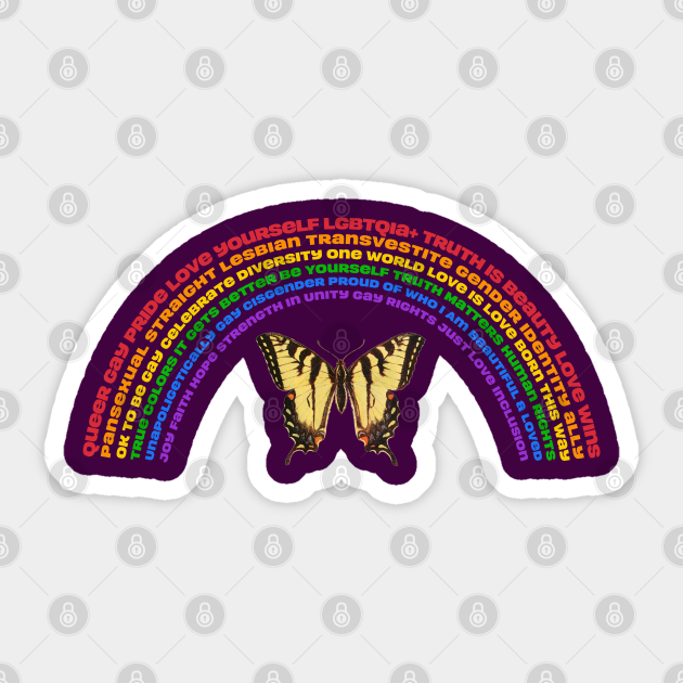 LGBTQIA+ Pride Month Word Rainbow with Positive Messages and Butterfly - Lgbtq - Sticker