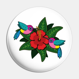 Cute Hummingbirds on Hibiscus Flower Cartoon - White Pin