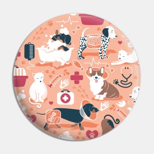 Veterinary medicine, happy and healthy friends // pattern // coral background red details navy blue white and brown cats dogs and other animals Pin