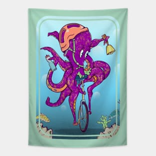 Octopus riding a bike underwater Tapestry