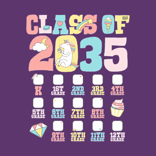 Cute Unicorn Graduation Class of 2035 Grow with Me Checklist T-Shirt