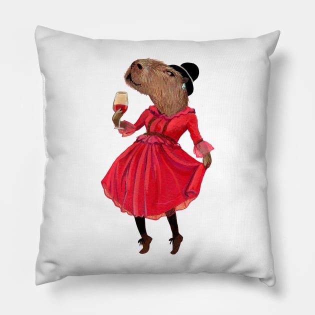 Lady Capybara wearing red dress Pillow by argiropulo