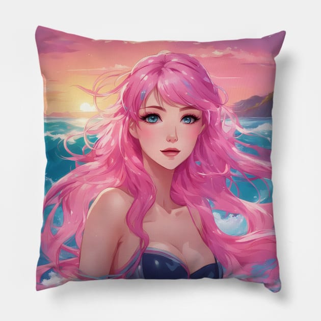 Chibi Cutie Adorable Anime Girl Hot Bikini Sea Sytle Pillow by animegirlnft