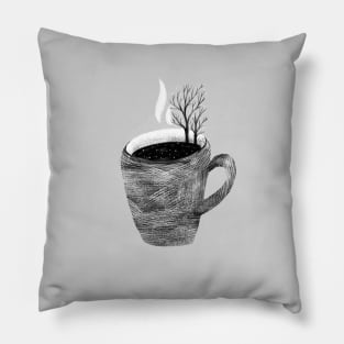 A cup of tea and trees. Winter landscape Pillow