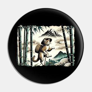 Bamboo Japanese Art Forest Mountain Mt. Fuji Hiking Cat Pin