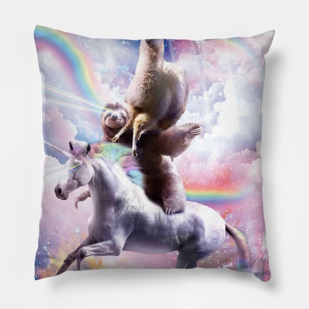 Laser Eyes Space Llama On Sloth Unicorn - Rainbow Pillow by Random Galaxy