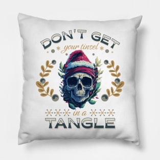 Funny Christmas Skeleton Wearing Santa Hat, Tinsel in a Tangle Pillow