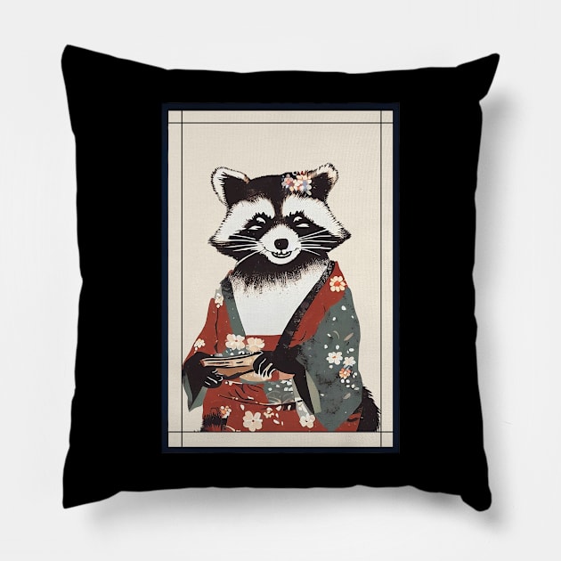 Raccoon with kimono japanese vintage Pillow by Deartexclusive