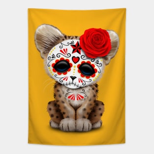 Red Day of the Dead Sugar Skull Leopard Cub Tapestry