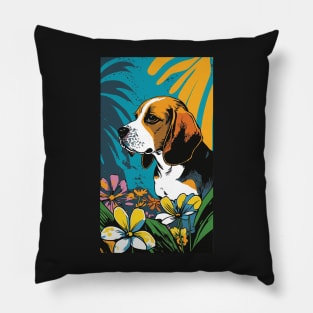 Beagle Dog Vibrant Tropical Flower Tall Retro Vintage Digital Pop Art Portrait 3 Pillow