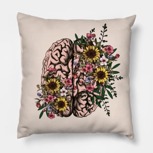 Brain, leaves, pink flowers and sunflowers, Positivity, creativity, right hemisphere brain, health, Menta Pillow