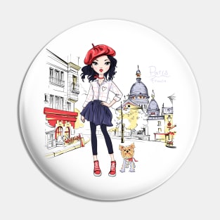 Fashion girl with dog in Paris Pin