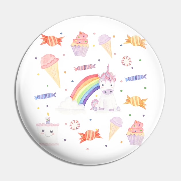 Kawaii Unicorn + Rainbow + Candy Pin by latheandquill