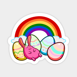 Easter Rainbow Pink Bunny Rabbit Sleeping On Colorful Eggs Magnet