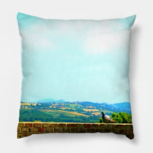 Scene in Urbisaglia with a pigeon and Marche hills Pillow